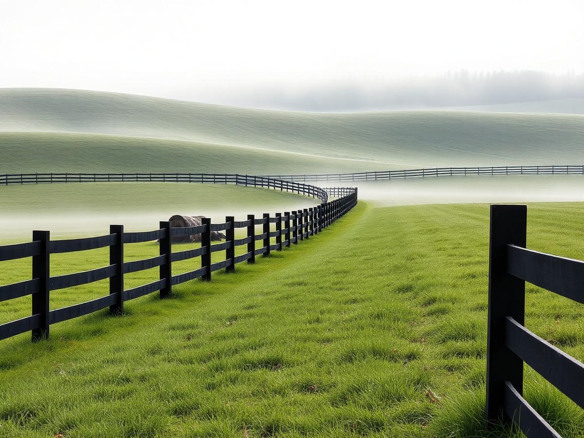 Farm plank fence in fog